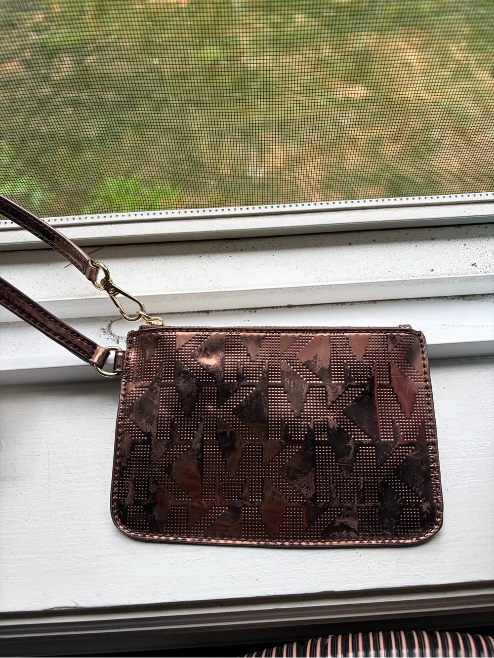 Michael Kors Metallic Rose Bronze MK Logo Wristlet Clutch